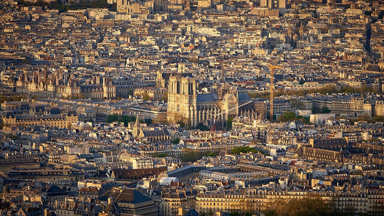 Notre-Dame on the Île de la Cité, seen across the rooftops from high above