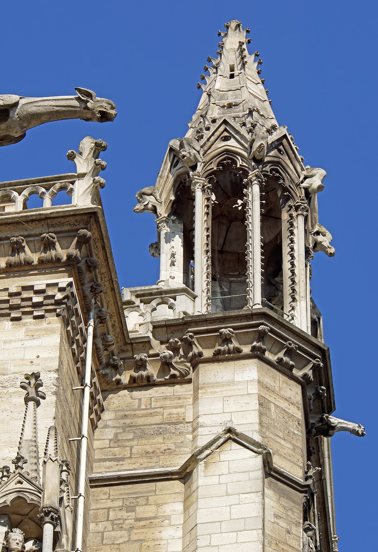 A gargoyle and a pinnacle on Notre-Dame against a clear sky