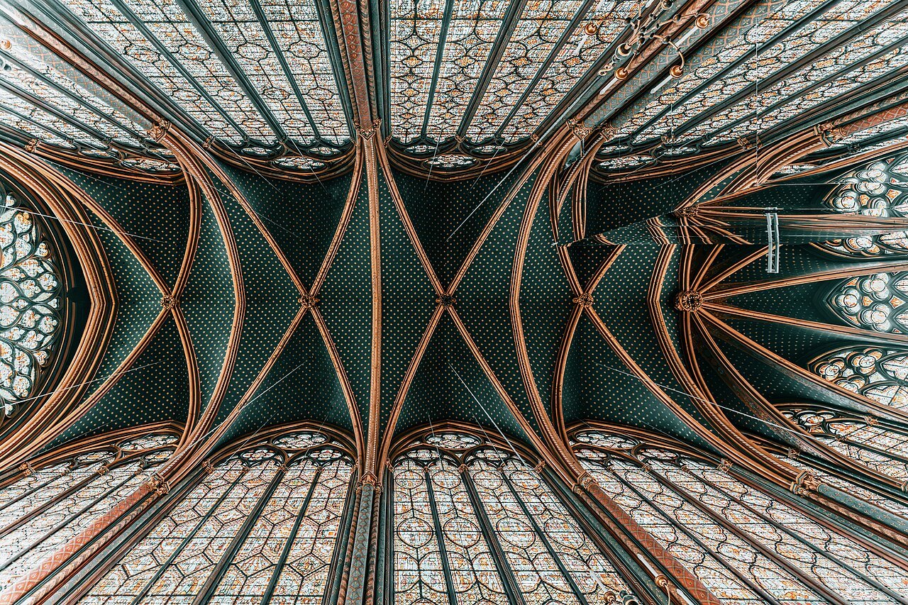 The upper chapel's vault from below, glass on every side